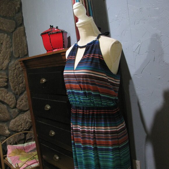 Bisou Bisou Halter Maxi Dress Size 6 Stipes Summer Wrap Style Top - Picture 3 of 4